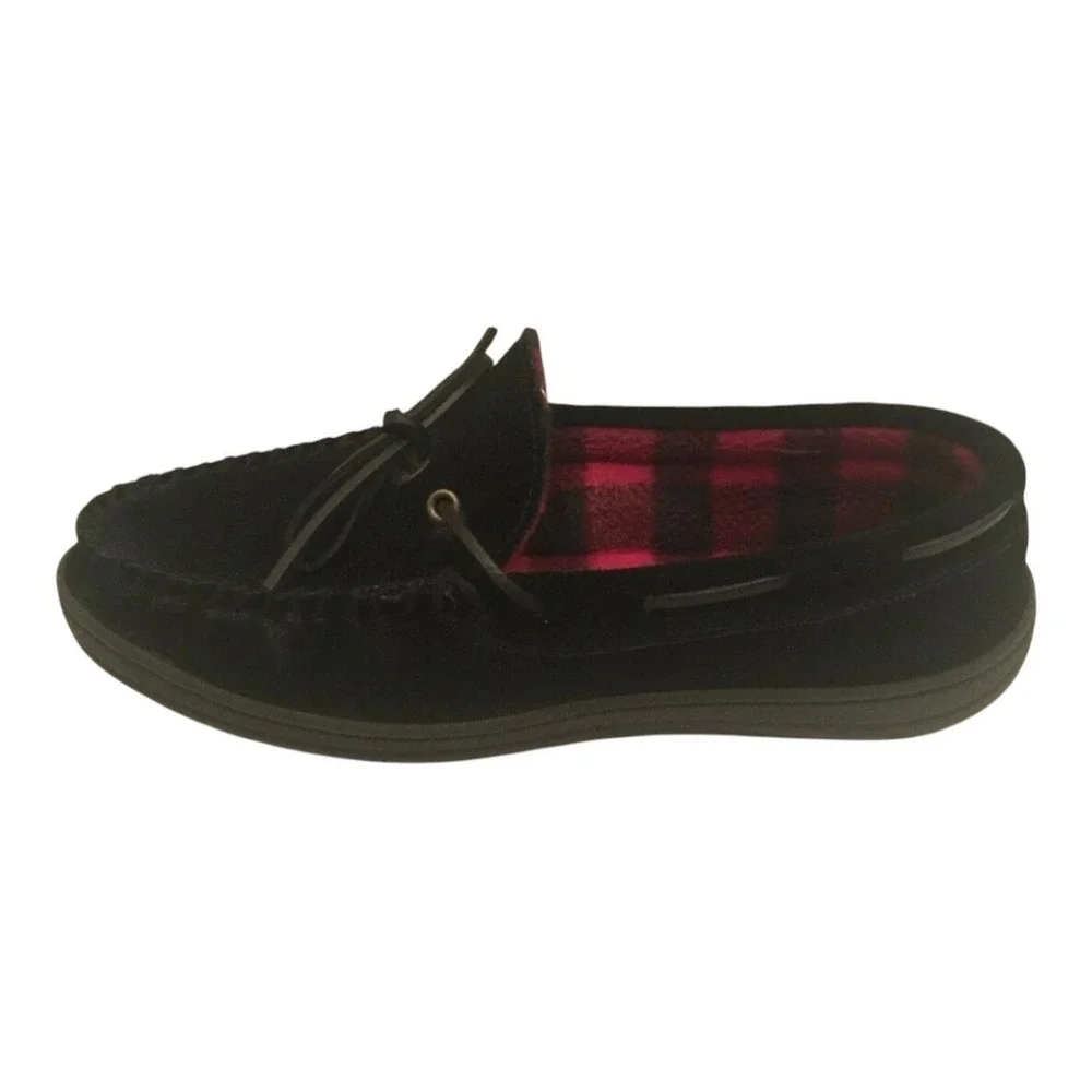 Clarks Mens Casual Moccasins Size 11M Black Leather Red Buffalo Plaid Lining